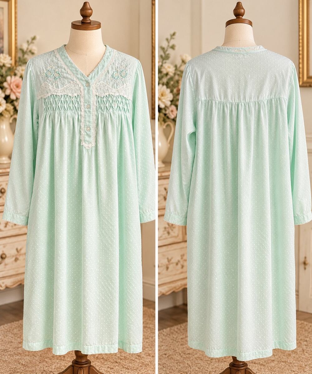 Miss Elaine Nightgown XL Mint Green Floral Embroidered Smocked Long Sleeve Lace